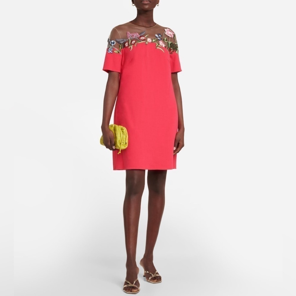 OSCAR DE LA RENTA 
Floral Embroidered Wool-Blend Minidress  pink pockets grandma